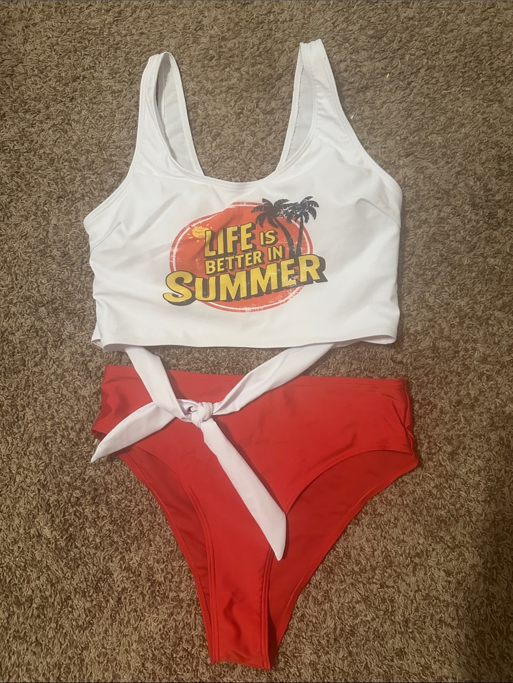 White Graphic Bikini Top & Red High-Waist Bottoms - 'Life Is Better In Summer'